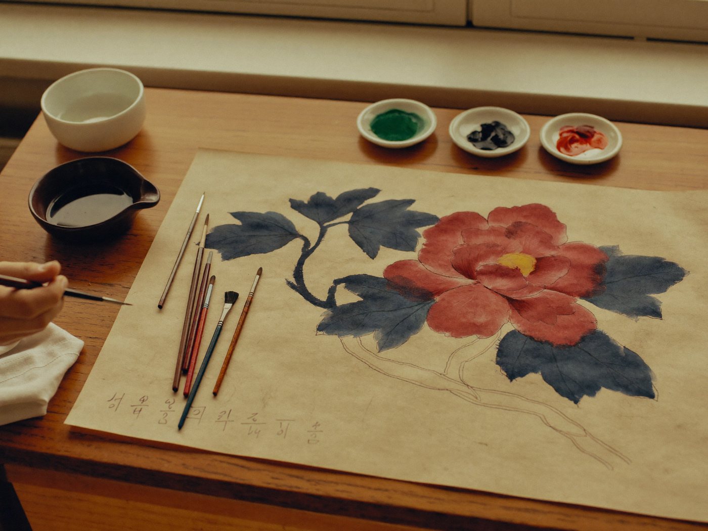 Traditional Korean Minhwa folk painting of peonies